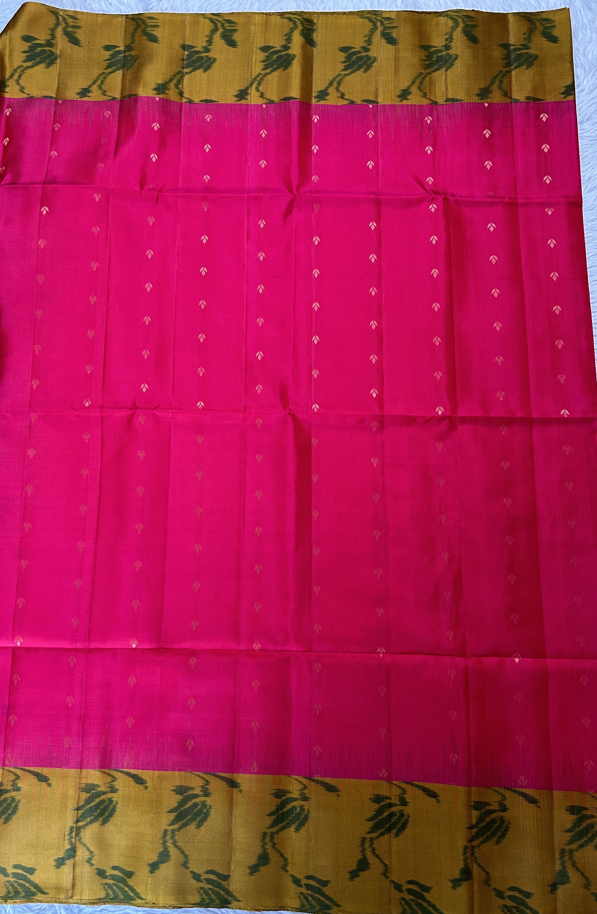 Kanjivaram Festive Soft Silk Saree Deep Pink colored Saree complemented with a Mustard Green Pochampally border. - Sampradaya Designer Studio