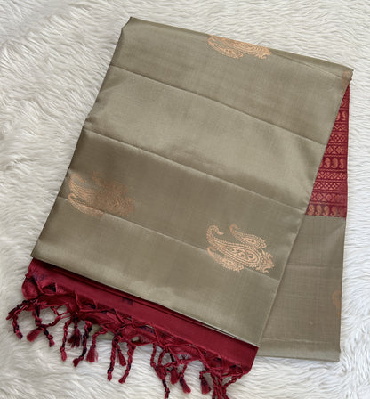 Kanjivaram Festive Soft Silk Saree Light Olive Green colored Saree complemented with a Magenta Pochampally border. - Sampradaya Designer Studio