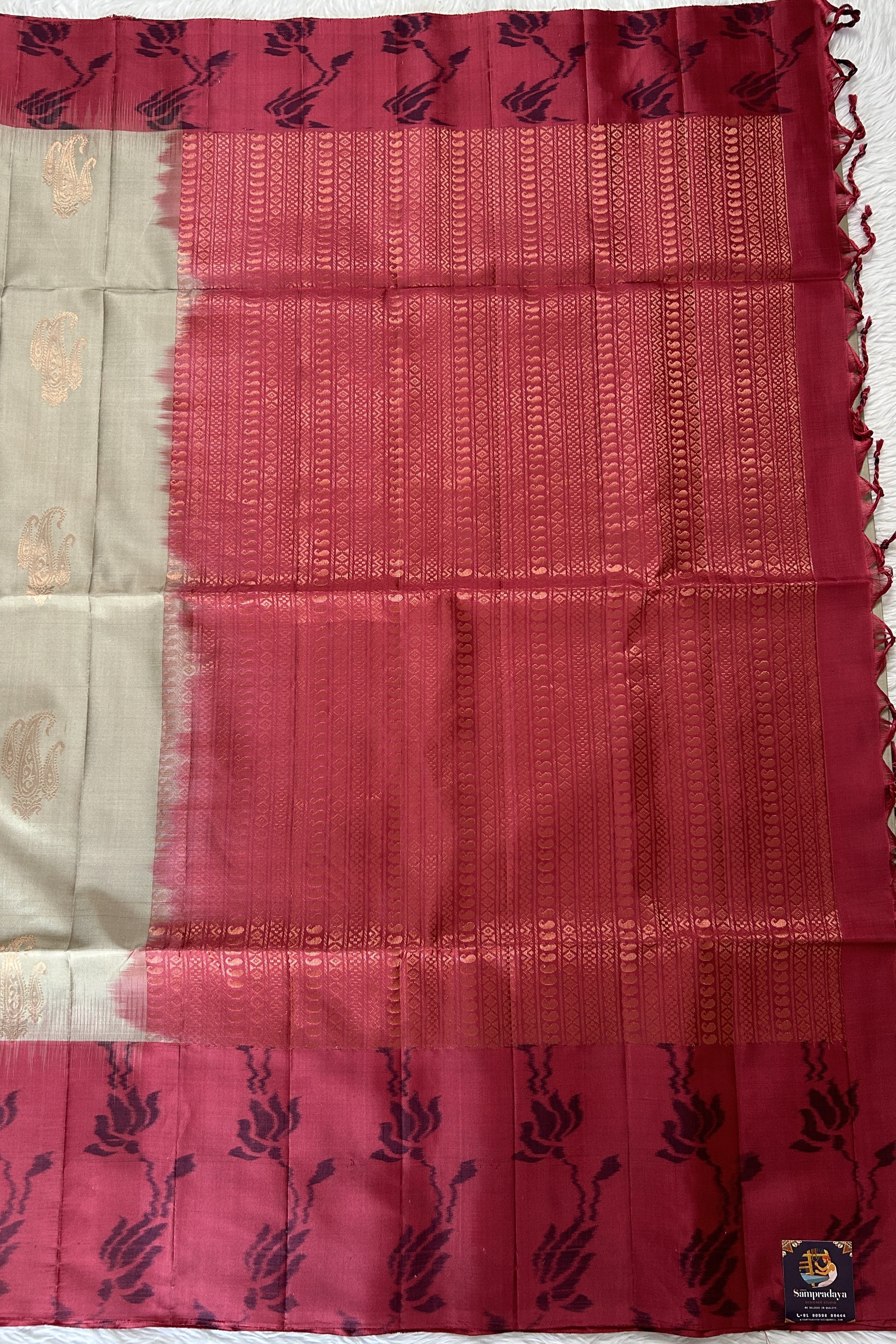 Kanjivaram Festive Soft Silk Saree Light Olive Green colored Saree complemented with a Magenta Pochampally border. - Sampradaya Designer Studio