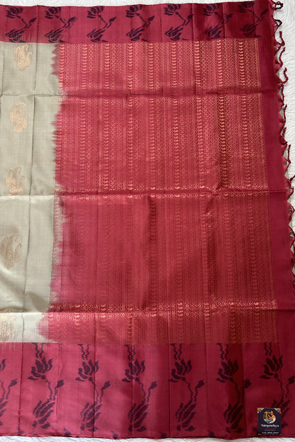 Kanjivaram Festive Soft Silk Saree Light Olive Green colored Saree complemented with a Magenta Pochampally border. - Sampradaya Designer Studio