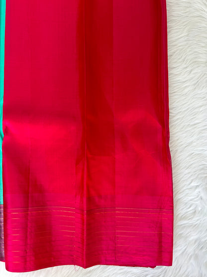 Gadwal Pattu Saree Sea Green colored saree complemented with a Rani Pink checks border - Sampradaya Designer Studio