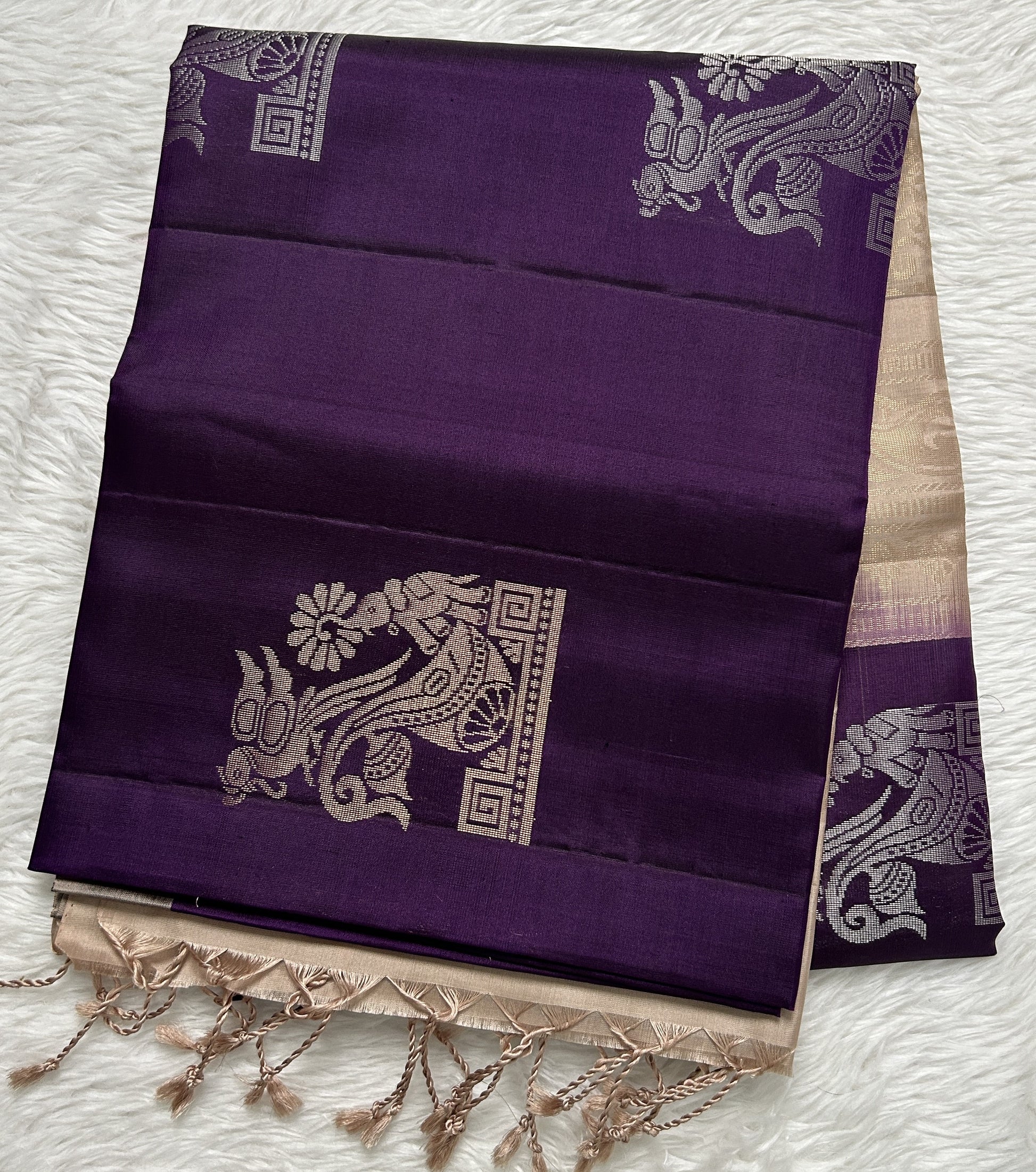 Kanjivaram Festive Soft Silk Saree Purple colored complemented with a Cream Colored Plain border. - Sampradaya Designer Studio