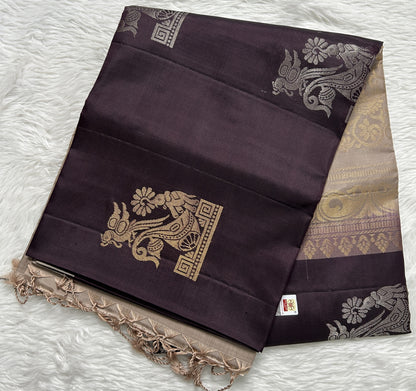 Kanjivaram Festive Soft Silk Saree Brown colored complemented with a Cream Colored Plain border. - Sampradaya Designer Studio