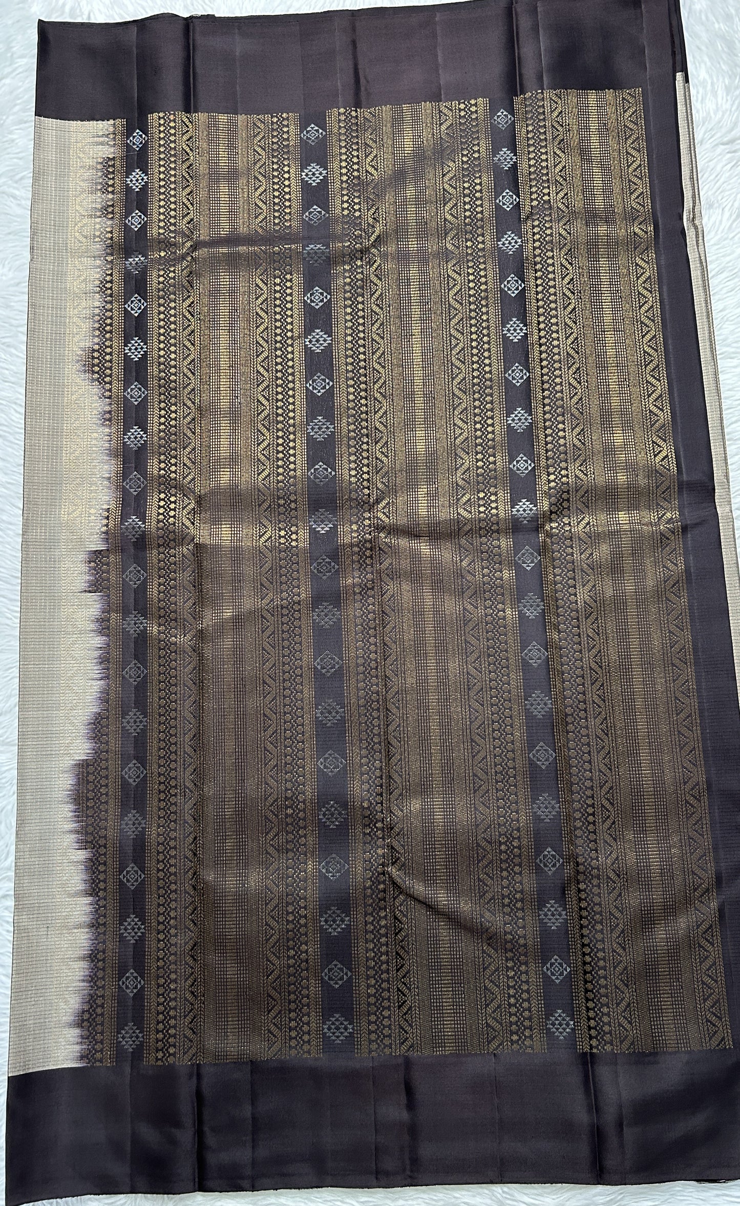 Kanjivaram Festive Soft Silk Saree Snuff colored complemented with a Brown Colored Plain border. - Sampradaya Designer Studio