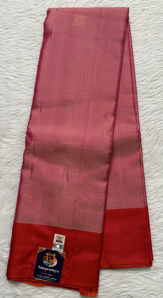 Kanjivaram Festive Soft Silk Saree Pink colored complemented with a Candy Colored Plain border. - Sampradaya Designer Studio