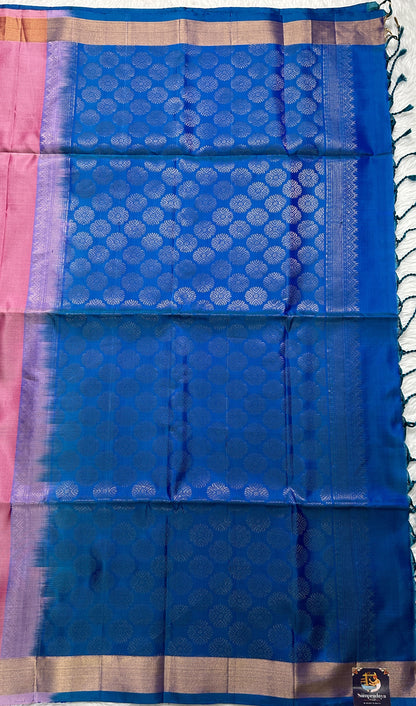 Kanjivaram Festive Soft Silk Saree Pink colored complemented with a Blue Colored Gold zari border. - Sampradaya Designer Studio