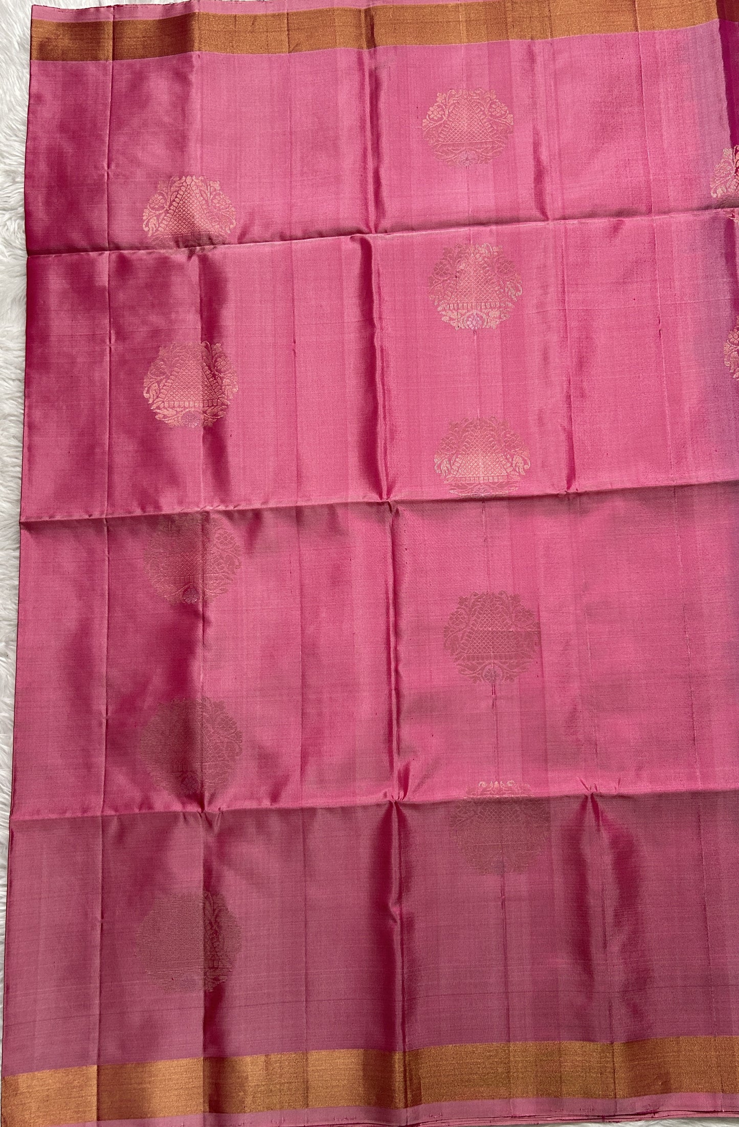 Kanjivaram Festive Soft Silk Saree Pink colored complemented with a Blue Colored Gold zari border. - Sampradaya Designer Studio