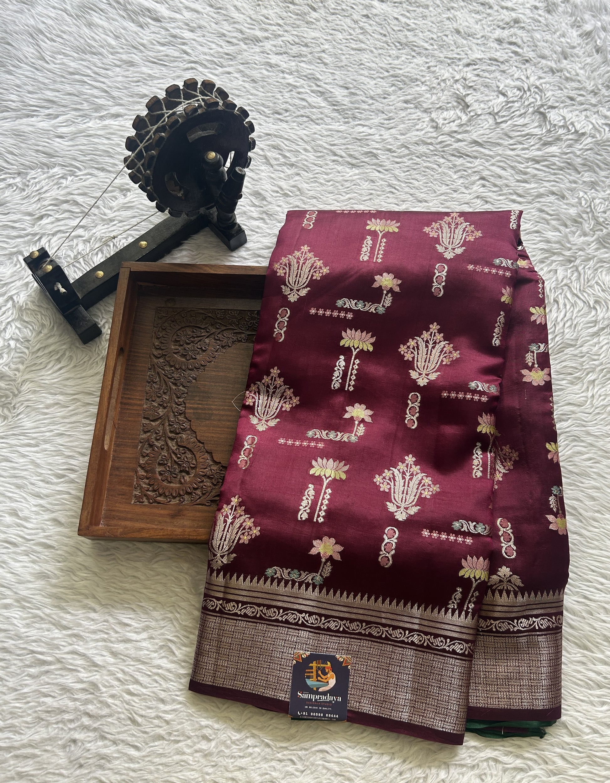 Dupion Silk Saree Wine Colored Complemented with a Zari Border. - Sampradaya Designer Studio