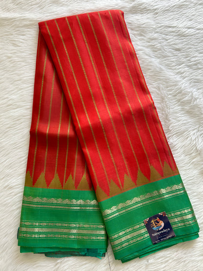 Gadwal Pattu Saree Orange Colored Saree Complemented With a Sea Green Gap Border - Sampradaya Designer Studio