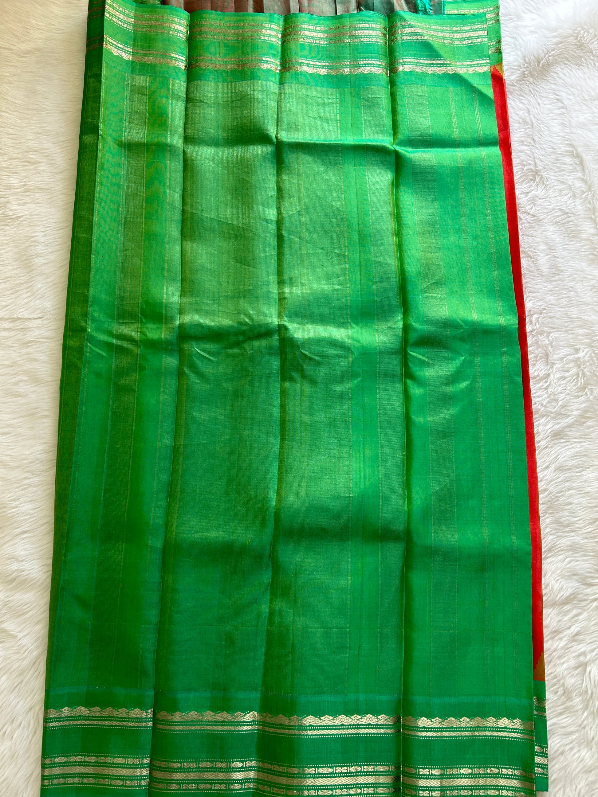 Gadwal Pattu Saree Orange Colored Saree Complemented With a Sea Green Gap Border - Sampradaya Designer Studio