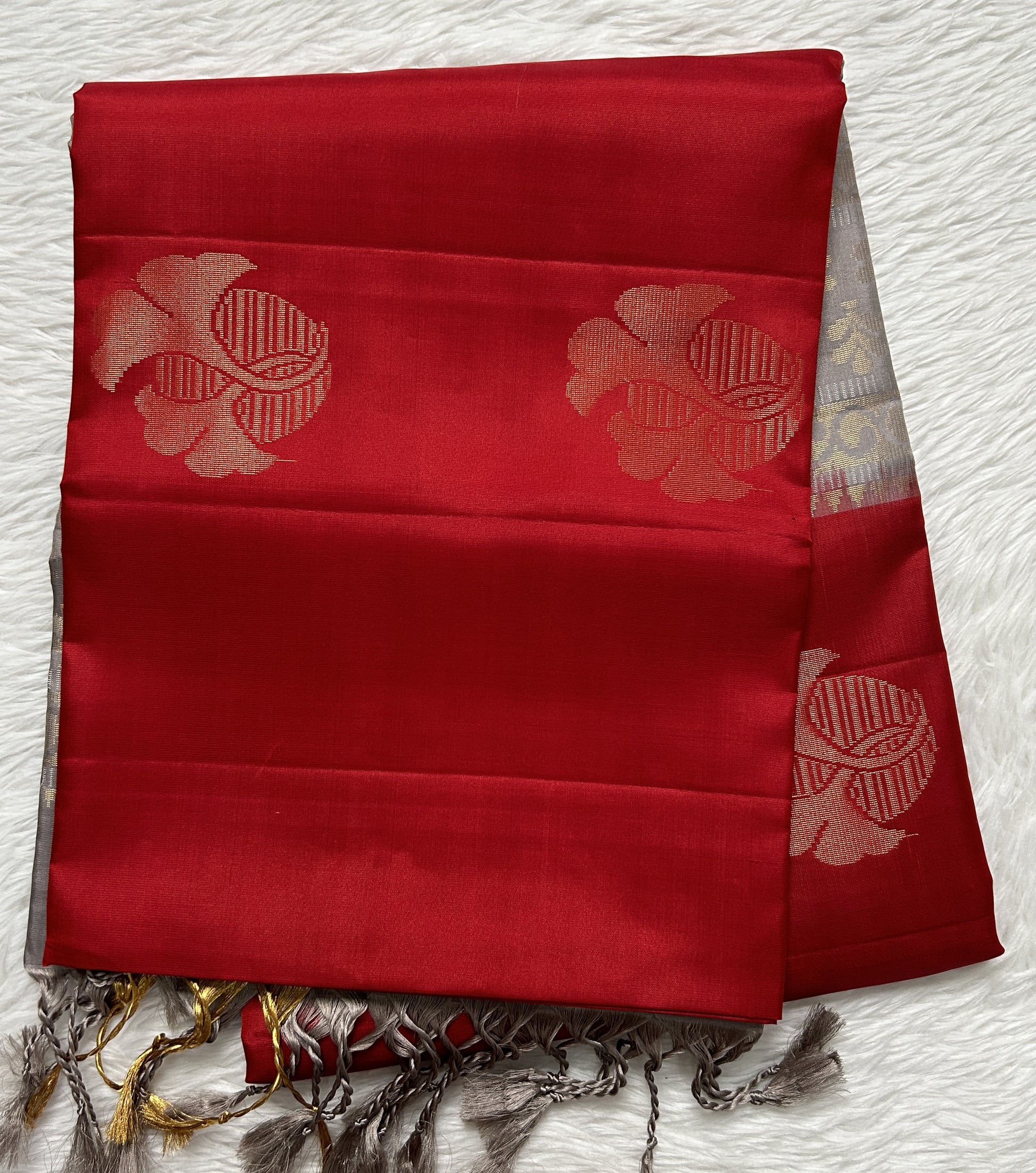 Kanjivaram Festive Soft Silk Saree Red colored complemented with a Gold Zari border. - Sampradaya Designer Studio