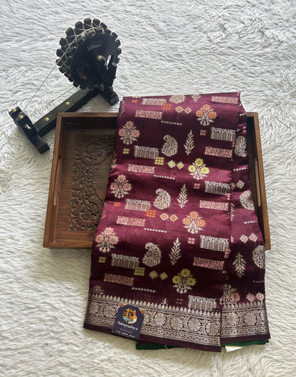 Dupion Silk Saree Burgundy Colored Complemented with a Zari Border. - Sampradaya Designer Studio