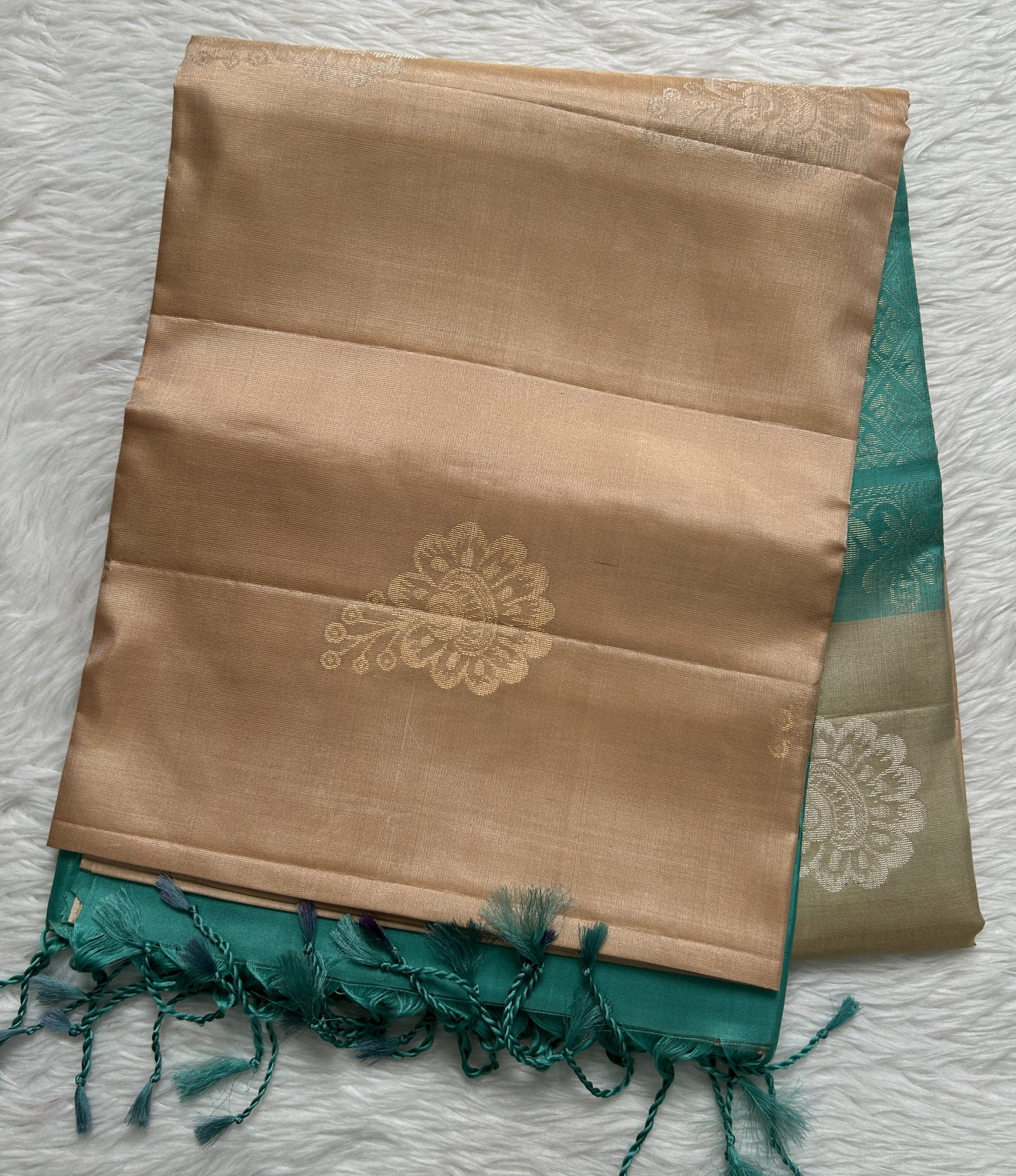 Kanjivaram Festive Soft Silk Saree Biscuit colored complemented with a borderless Saree. - Sampradaya Designer Studio