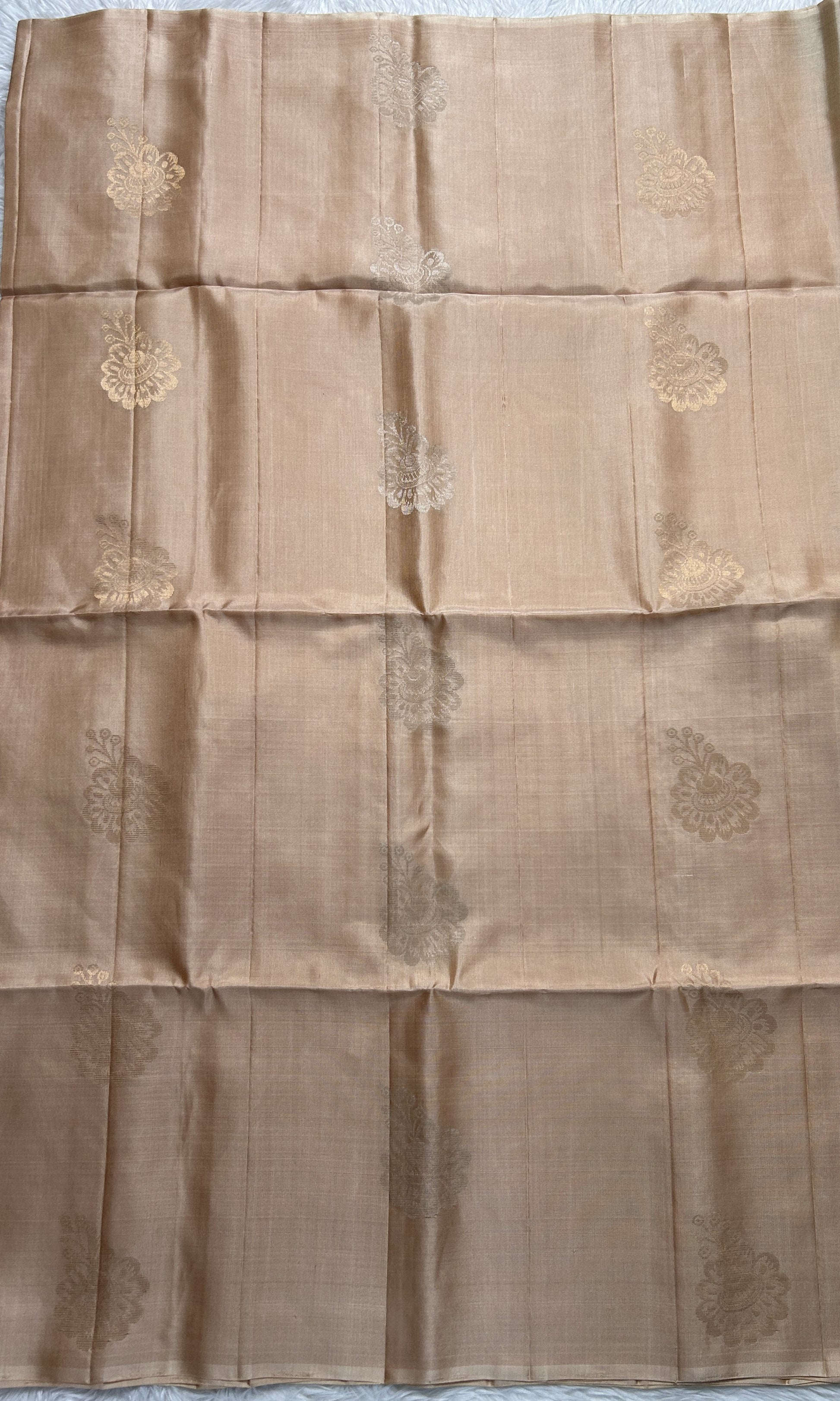 Kanjivaram Festive Soft Silk Saree Biscuit colored complemented with a borderless Saree. - Sampradaya Designer Studio