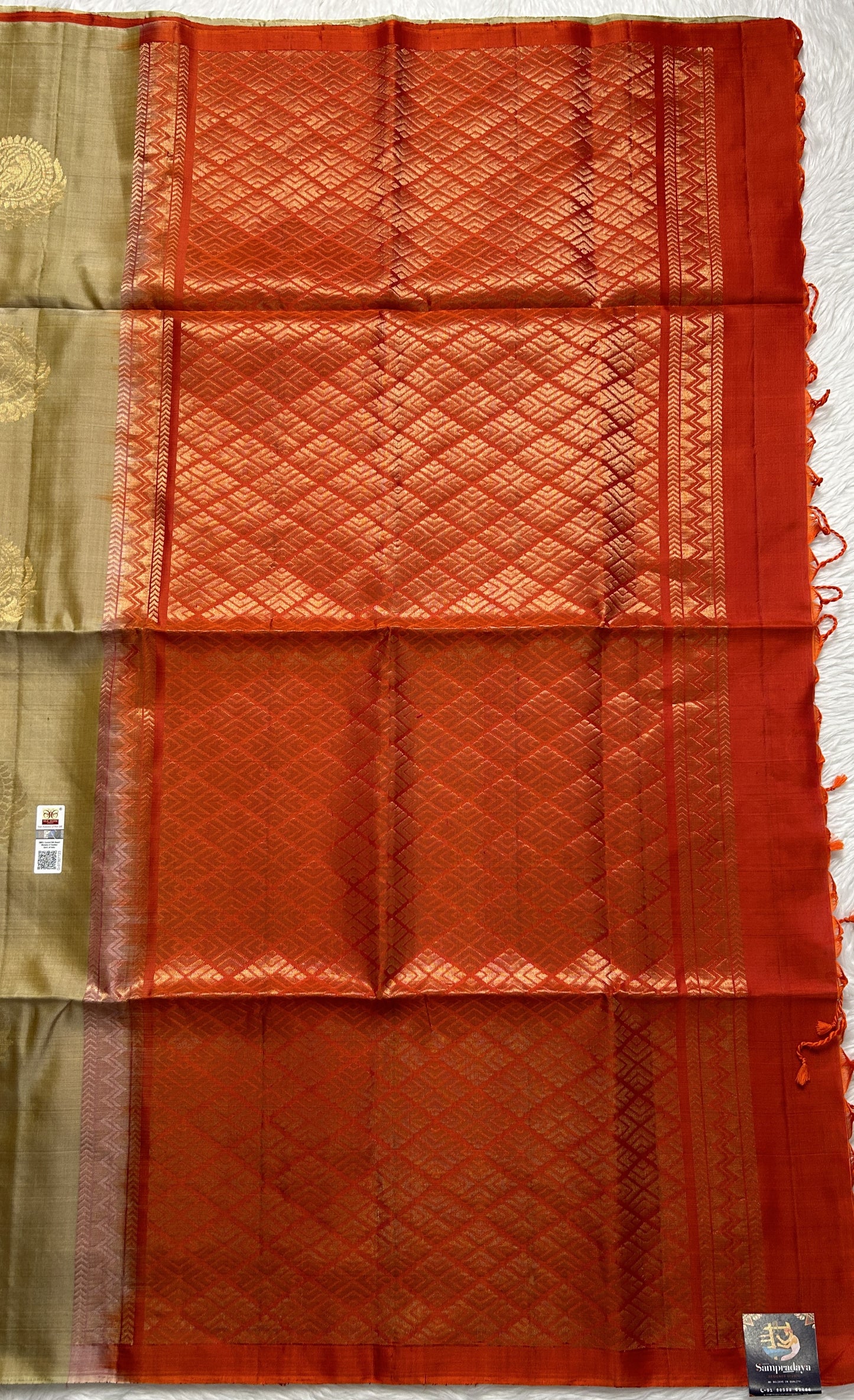 Kanjivaram Festive Soft Silk Saree Cream colored complemented with a borderless Saree. - Sampradaya Designer Studio