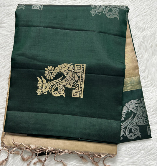 Kanjivaram Festive Soft Silk Saree Bottle Green colored complemented with a Cream Color Plain border. - Sampradaya Designer Studio