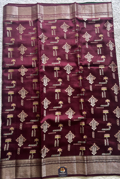 Dupion Silk Saree Wine Colored Complemented with a Zari Border. - Sampradaya Designer Studio