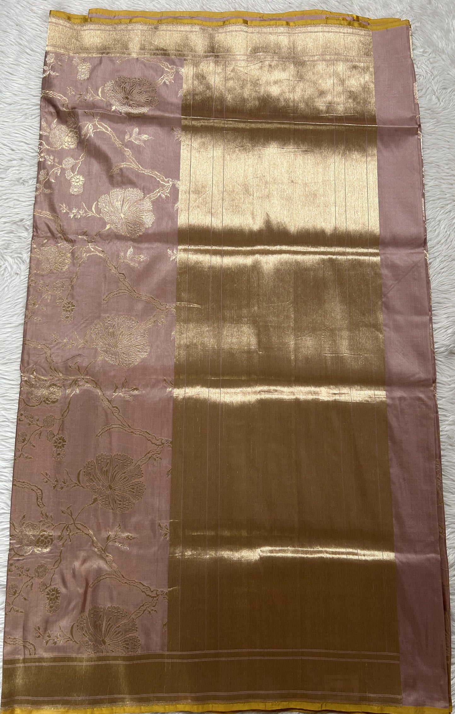 Banarasi Katan Silk Saree Onion Pink Colored Complemented with a Gold Zari border. - Sampradaya Designer Studio