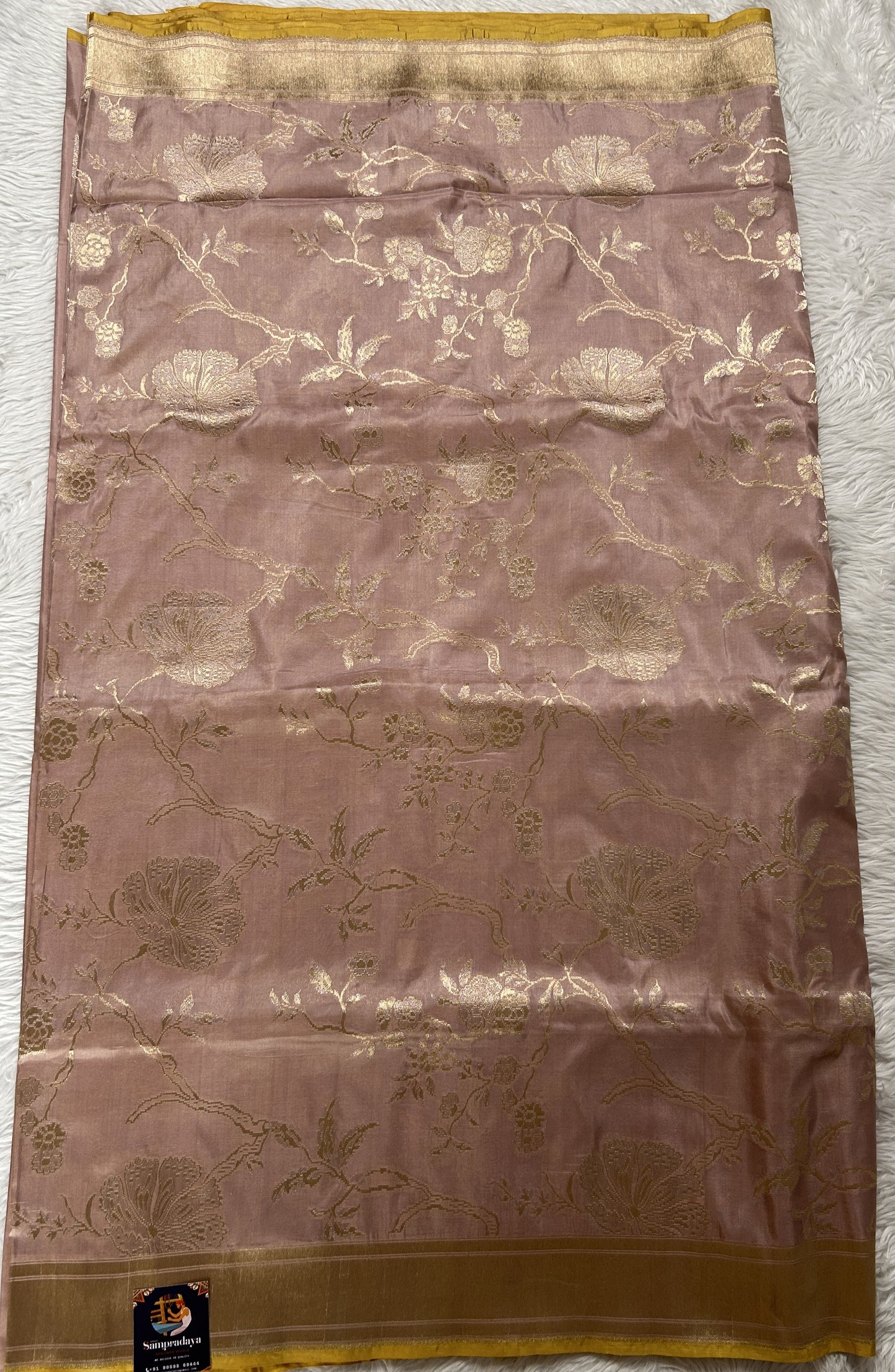 Banarasi Katan Silk Saree Onion Pink Colored Complemented with a Gold Zari border. - Sampradaya Designer Studio