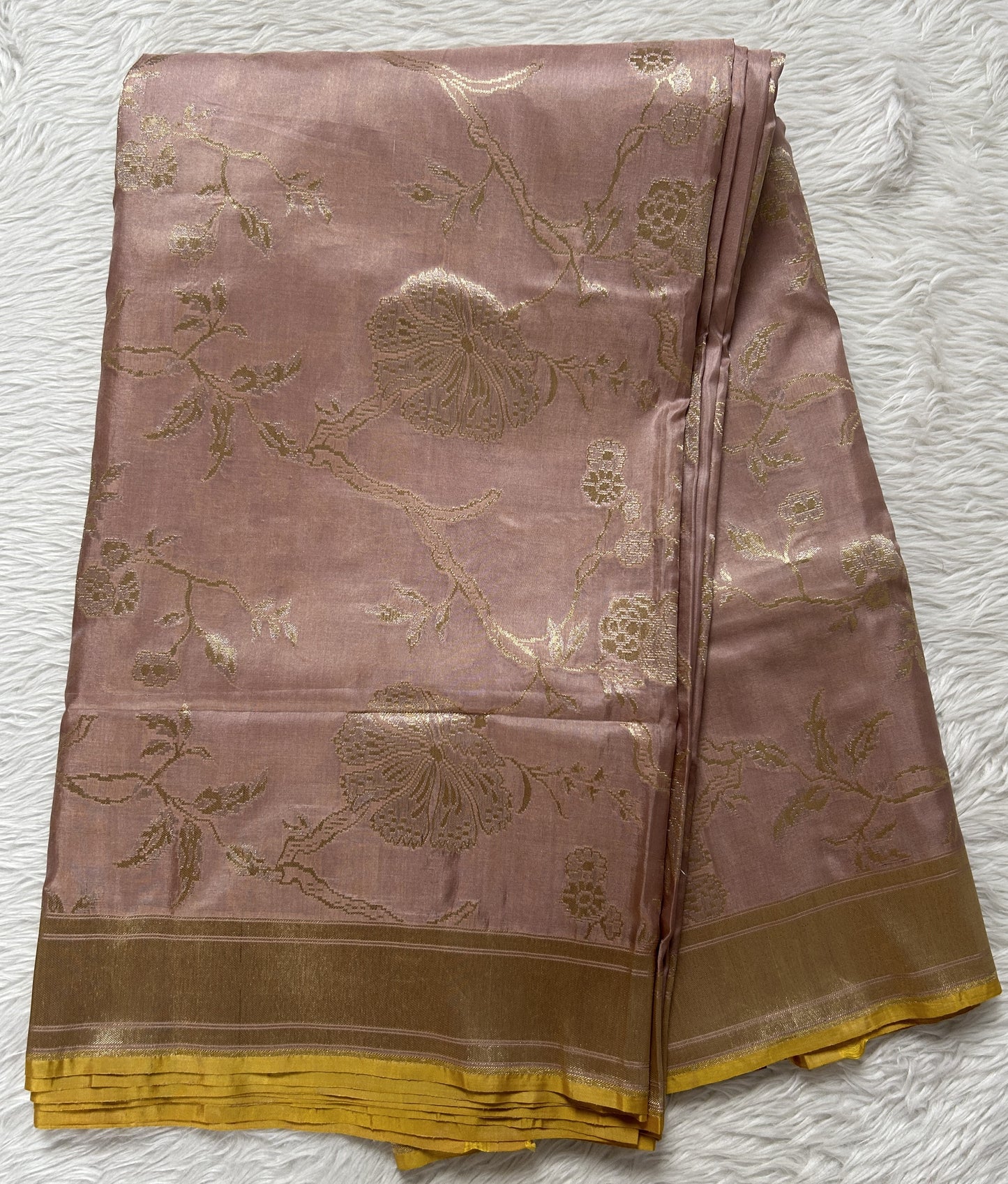 Banarasi Katan Silk Saree Onion Pink Colored Complemented with a Gold Zari border. - Sampradaya Designer Studio