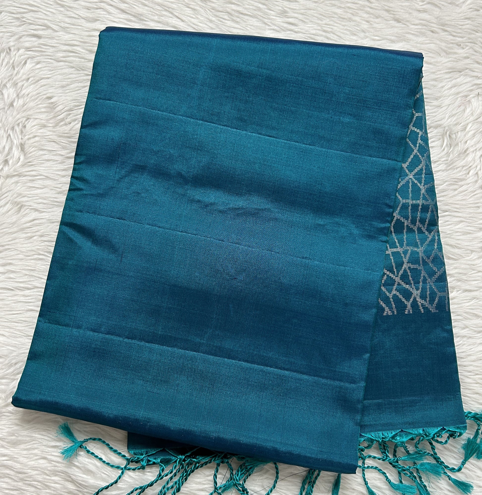 Kanjivaram Festive Soft Silk Saree Peacock Blue colored complemented with a borderless Saree. - Sampradaya Designer Studio