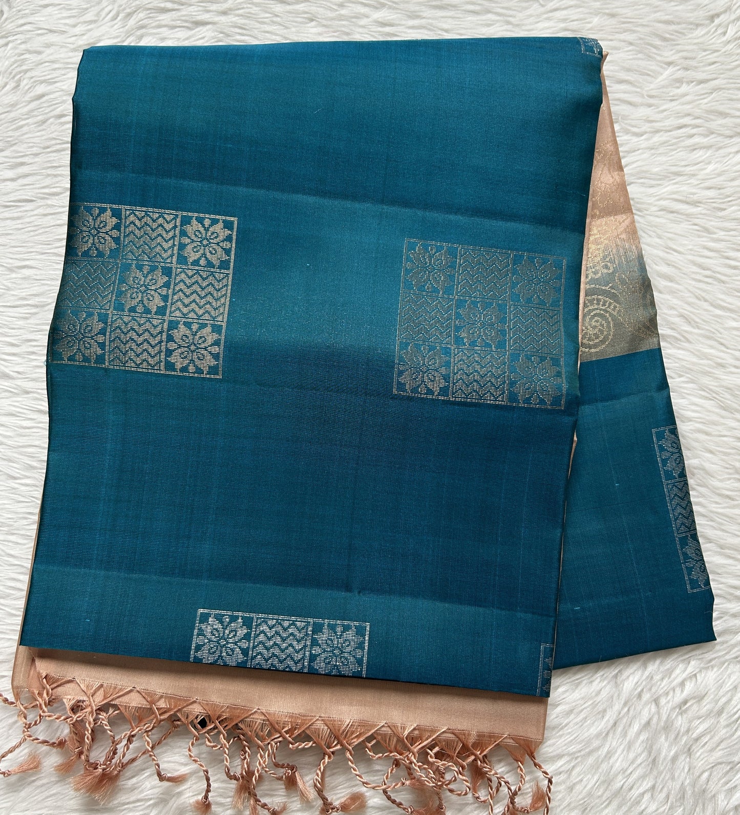 Kanjivaram Festive Soft Silk Saree Peacock Blue colored complemented with a borderless Saree. - Sampradaya Designer Studio