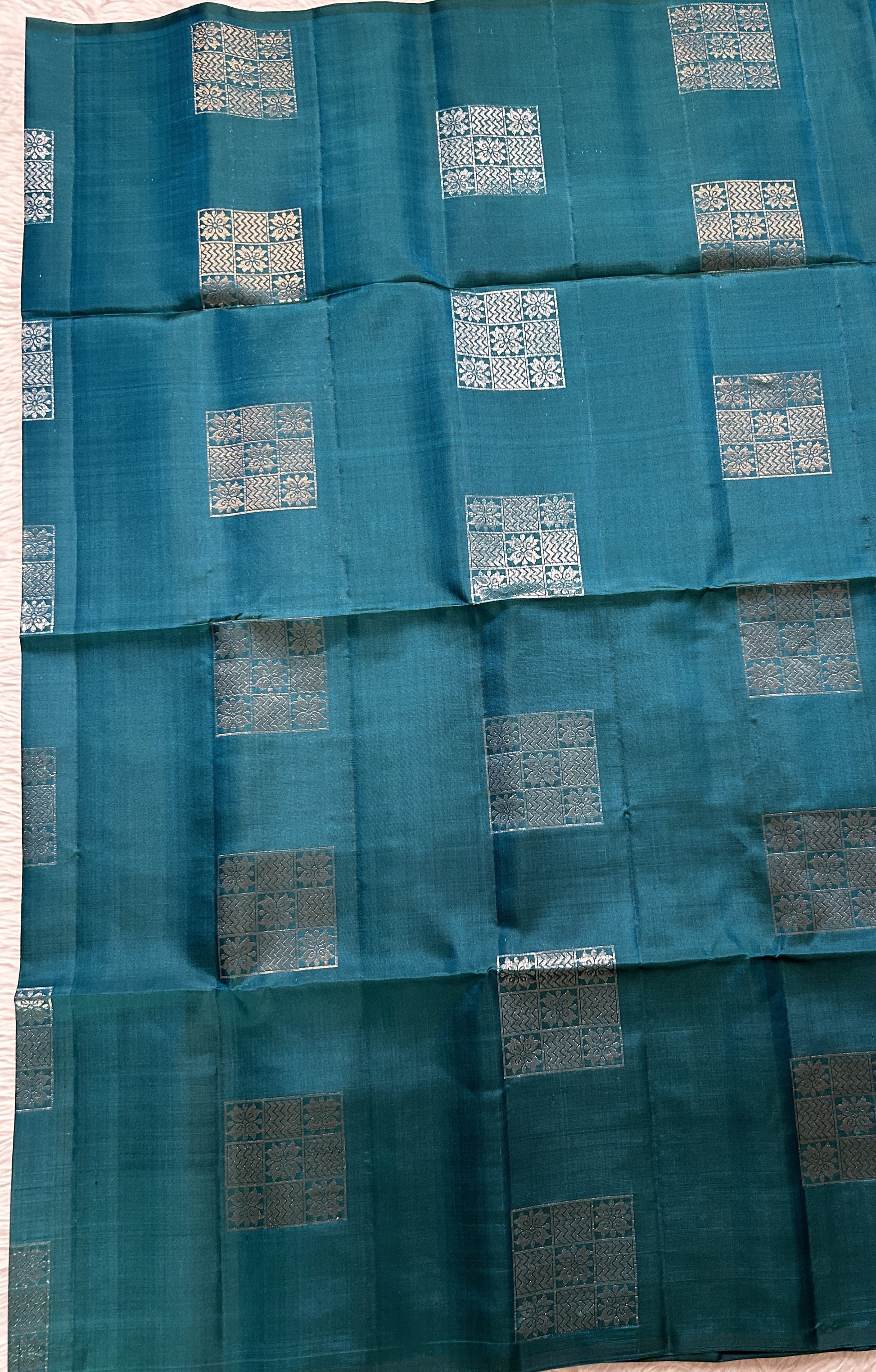 Kanjivaram Festive Soft Silk Saree Peacock Blue colored complemented with a borderless Saree. - Sampradaya Designer Studio