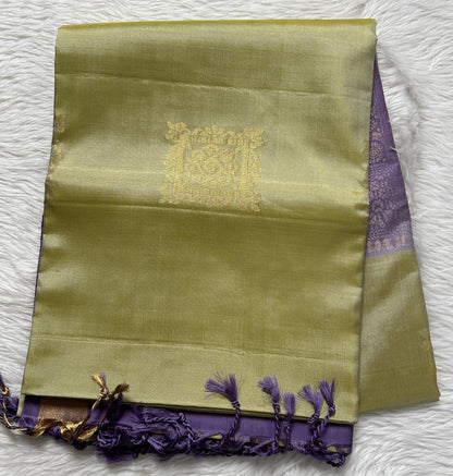 Kanjivaram Festive Soft Silk Saree Light Green colored complemented with a Gold Zari border. - Sampradaya Designer Studio