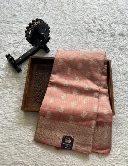 Dupion Silk Saree Peach Colored Complemented with a Zari Border. - Sampradaya Designer Studio