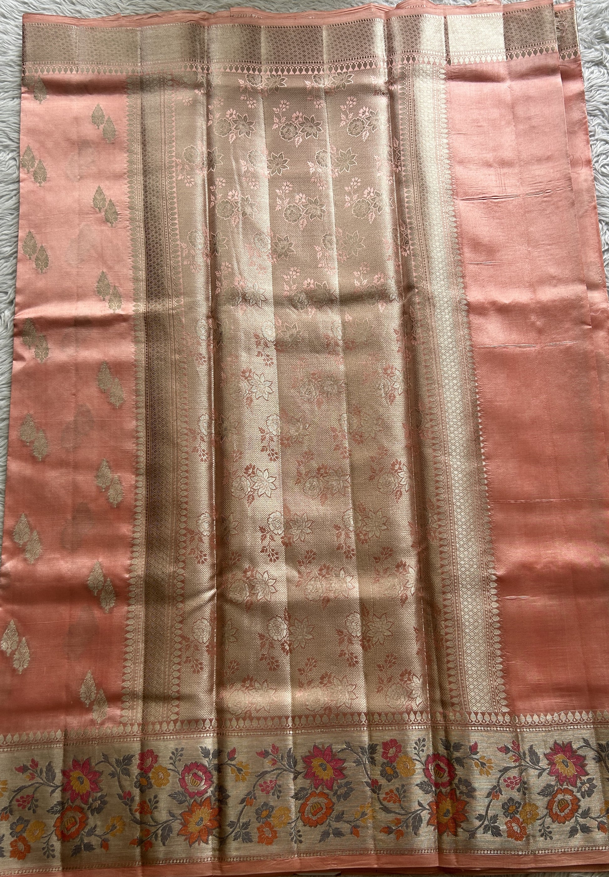 Dupion Silk Saree Light Pink Colored Complemented with a Zari Border. - Sampradaya Designer Studio