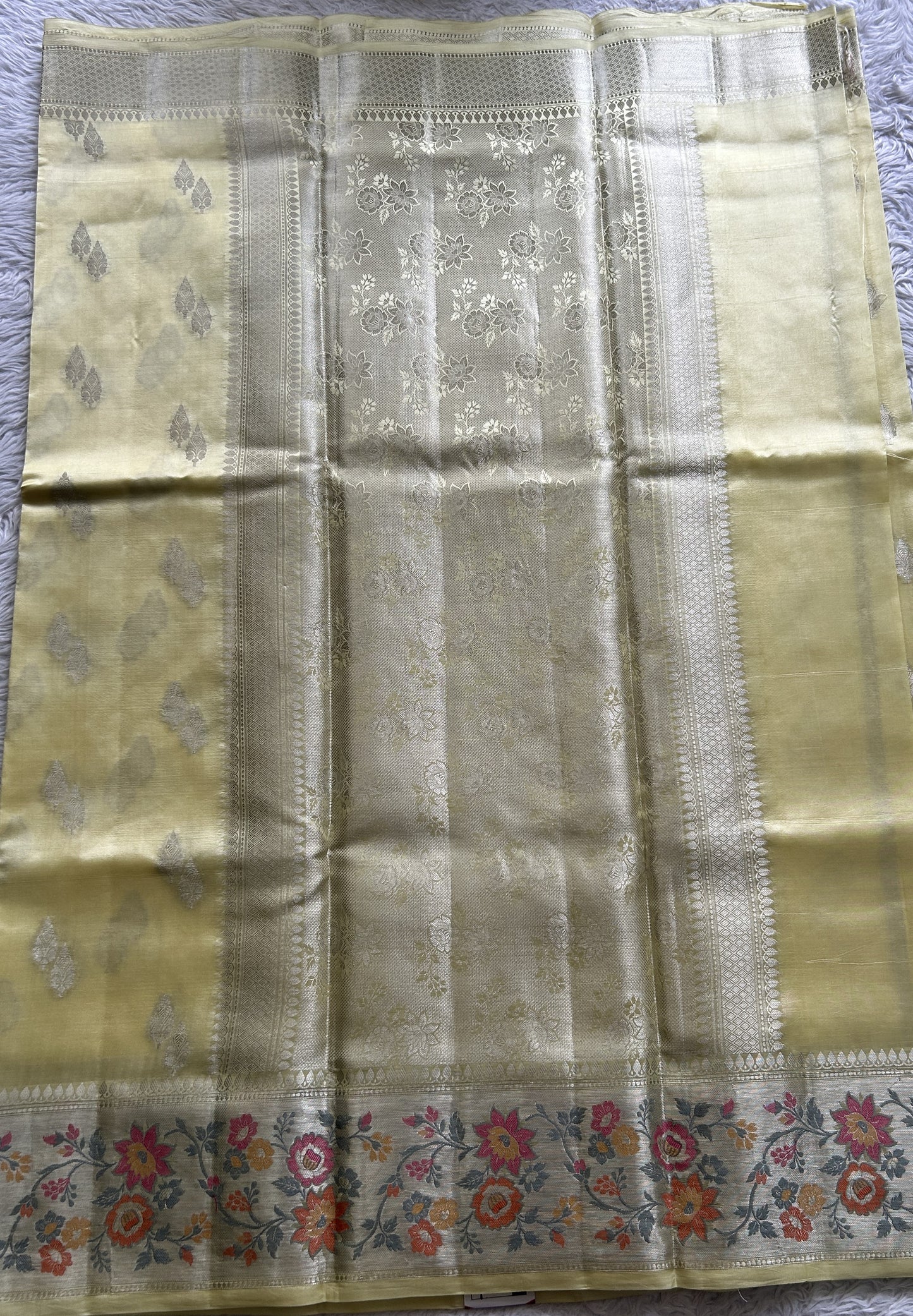 Dupion Silk Saree Lime Yellow Colored Complemented with a Zari Border. - Sampradaya Designer Studio