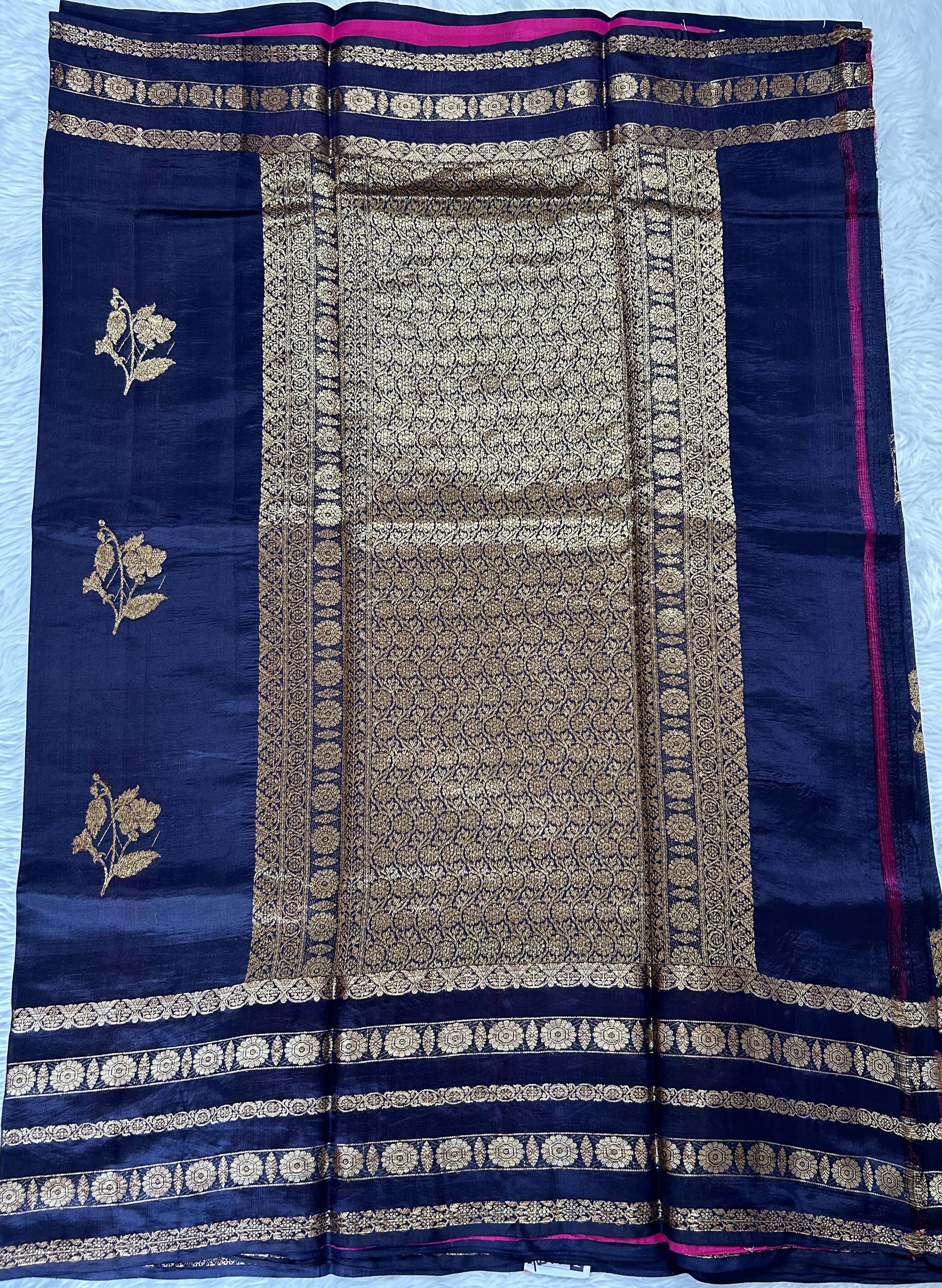 Raw Mango or Pooniya Silk Saree Ink Blue Colored Complemented With a Gap Border - Sampradaya Designer Studio