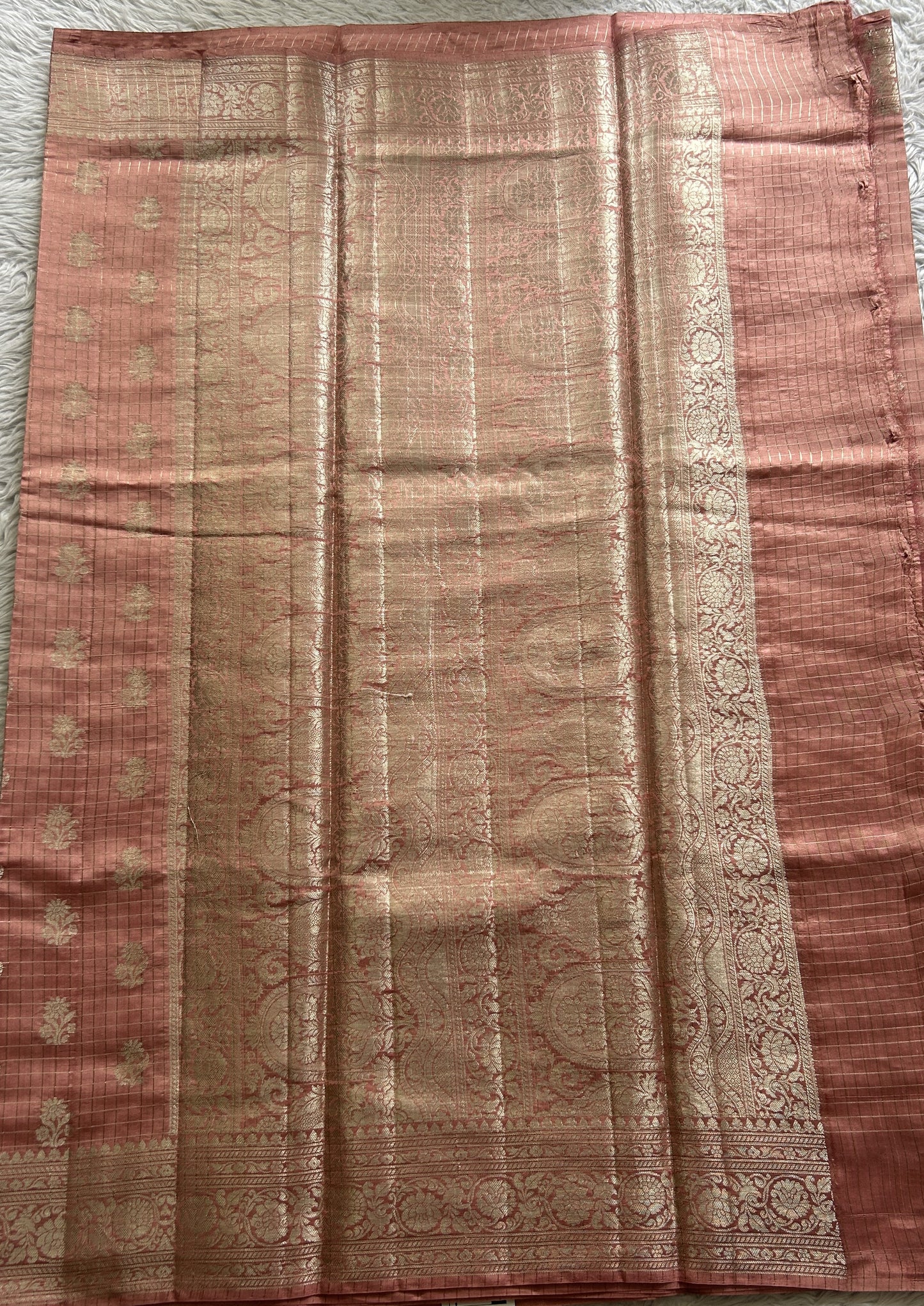 Dupion Silk Saree Peach Colored Complemented with a Zari Border. - Sampradaya Designer Studio