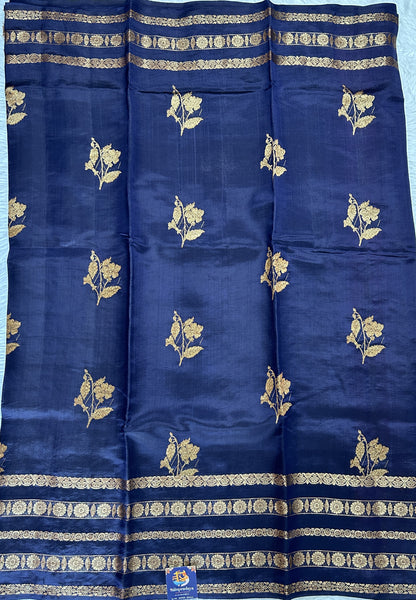 Raw Mango or Pooniya Silk Saree Ink Blue Colored Complemented With a Gap Border - Sampradaya Designer Studio