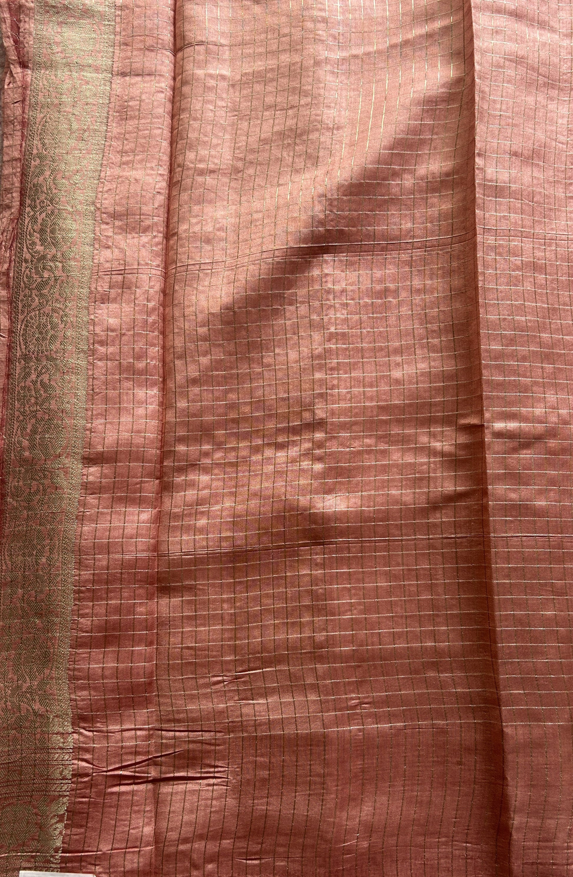 Dupion Silk Saree Peach Colored Complemented with a Zari Border. - Sampradaya Designer Studio