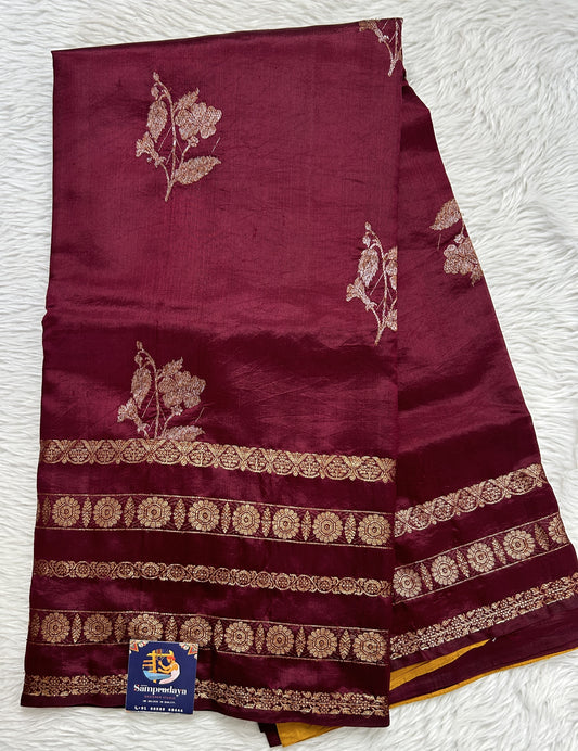 Raw Mango or Pooniya Silk Saree Brown Colored Complemented With a Gap Border - Sampradaya Designer Studio