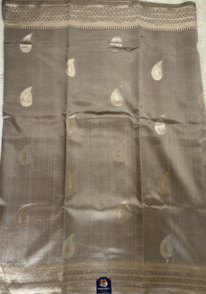 Raw Mango or Pooniya Silk Saree Gray Colored Complemented With a Zari Border - Sampradaya Designer Studio