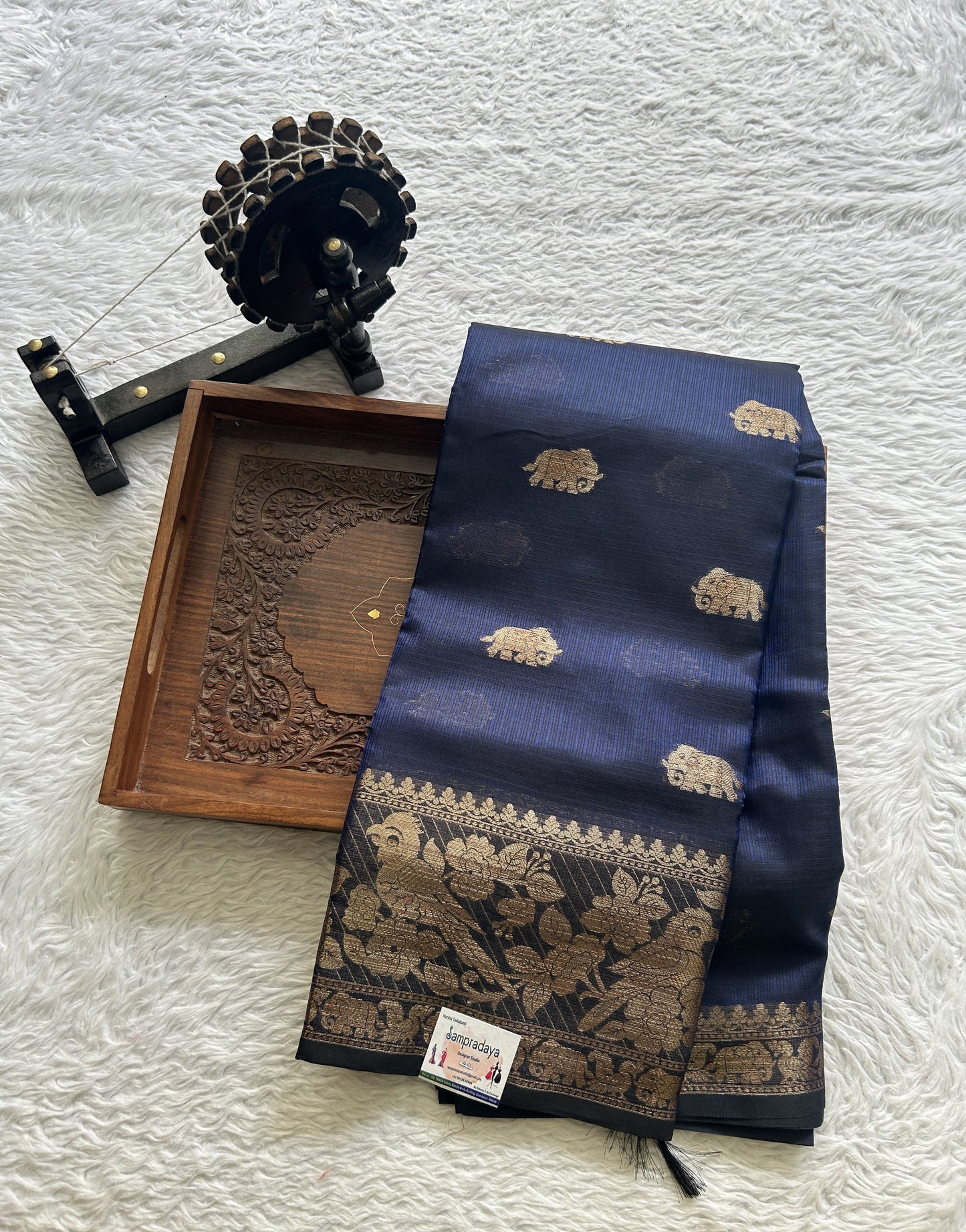 Silk kota Saree Ink Blue colored Complemented with a Zari Border. - Sampradaya Designer Studio