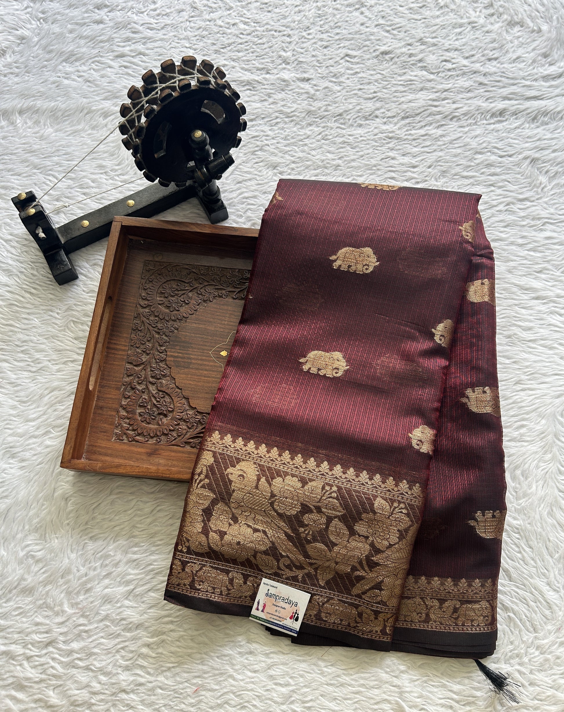 Silk kota Saree Dark Maroon colored Complemented with a Zari Border. - Sampradaya Designer Studio