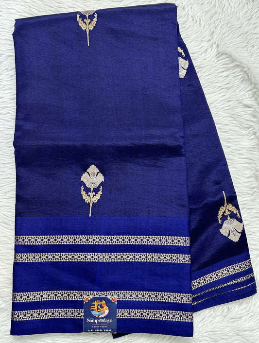 Raw Mango or Pooniya Silk Saree Navy Blue Colored Complemented With a Zari Gap Border - Sampradaya Designer Studio