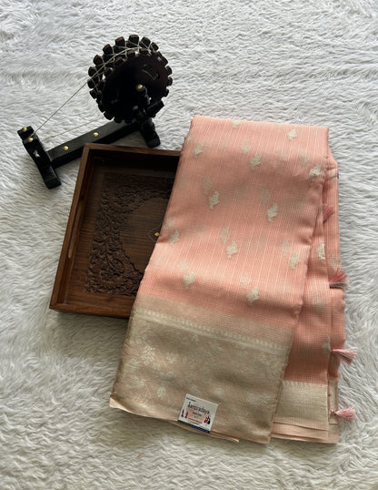 Silk kota Saree Peach colored Complemented with a Zari Border. - Sampradaya Designer Studio