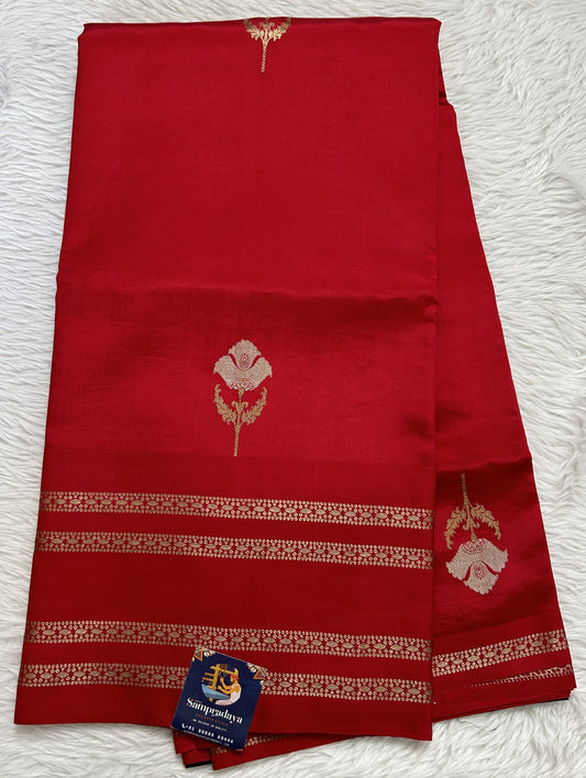 Raw Mango or Pooniya Silk Saree Red Colored Complemented With a Zari Gap Border - Sampradaya Designer Studio