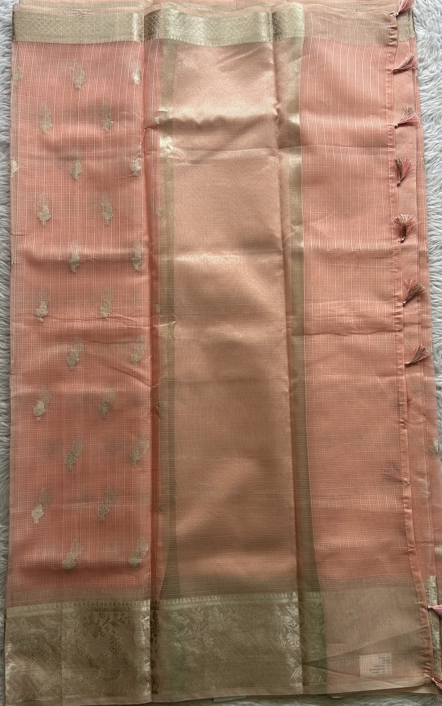 Silk kota Saree Peach colored Complemented with a Zari Border. - Sampradaya Designer Studio