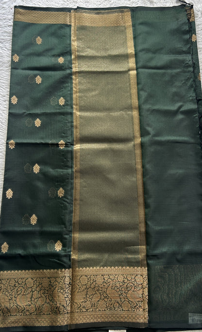 Silk kota Saree Bottle Green colored Complemented with a Zari Border. - Sampradaya Designer Studio