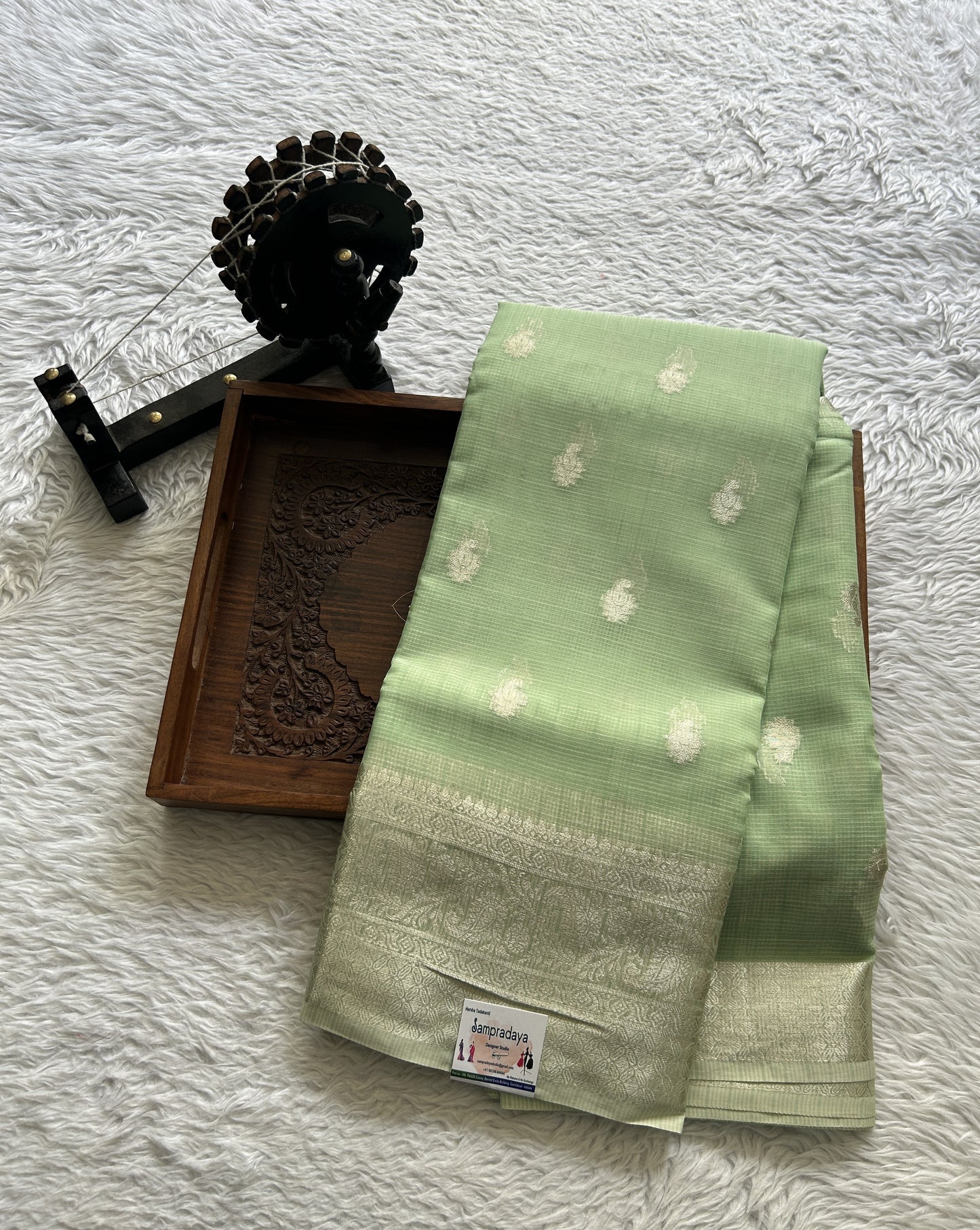 Silk kota Saree Light Green colored Complemented with a Zari Border. - Sampradaya Designer Studio