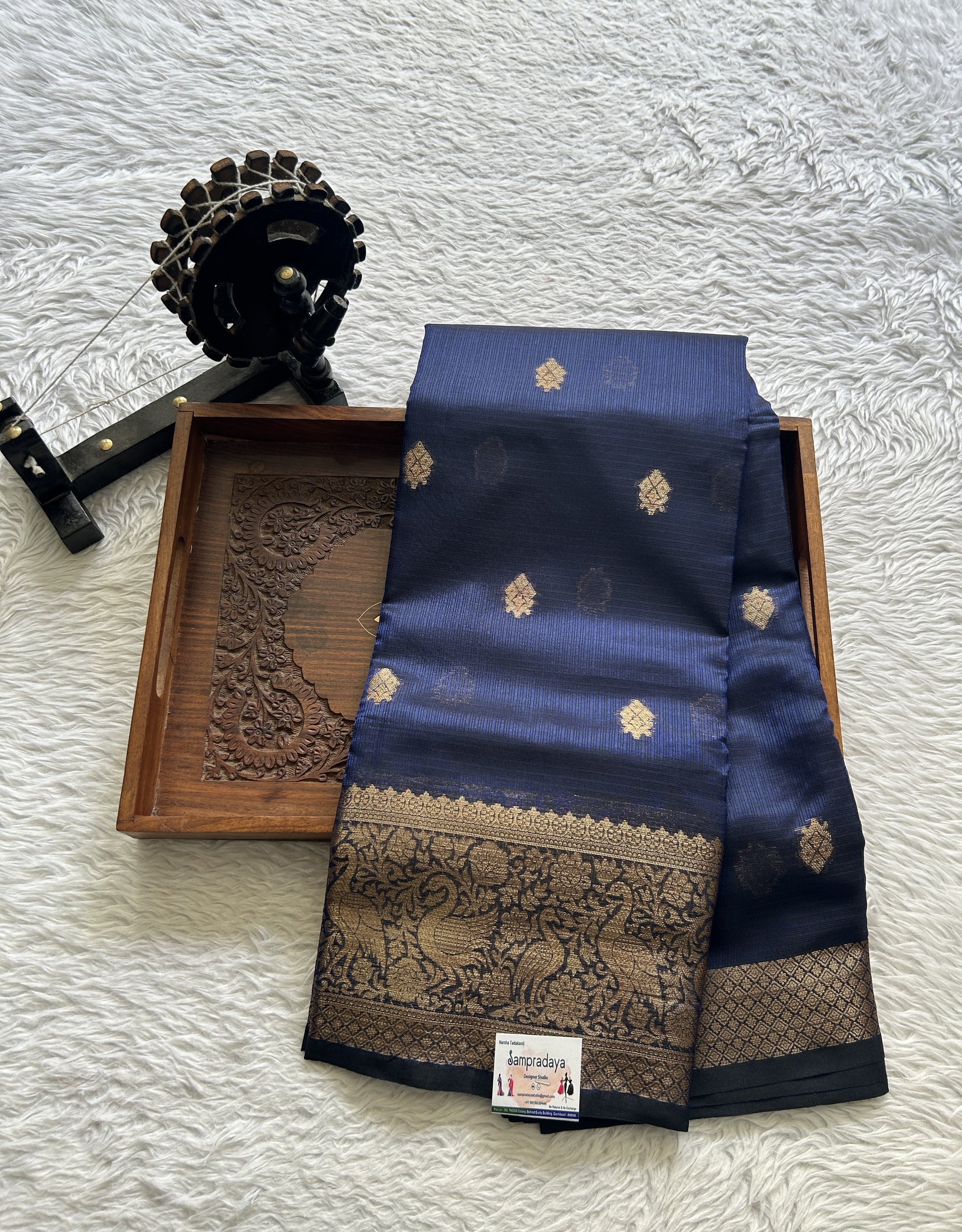 Silk kota Saree Indigo Blue colored Complemented with a Zari Border. - Sampradaya Designer Studio