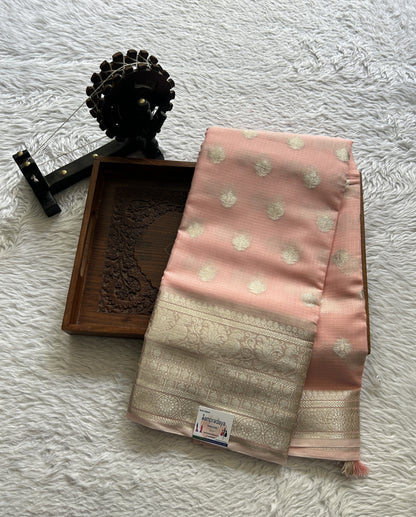 Silk kota Saree Peach colored Complemented with a Zari Border. - Sampradaya Designer Studio