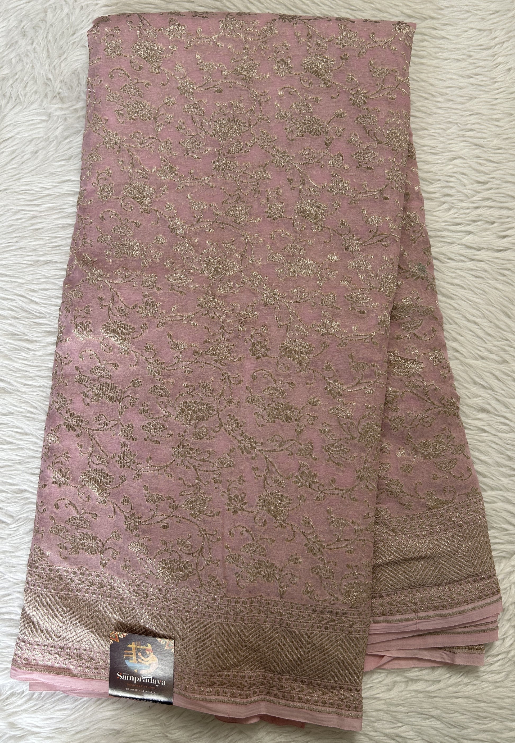 Banarasi Georgette Saree Baby Pink Colored Complemented with a Zari Border. - Sampradaya Designer Studio