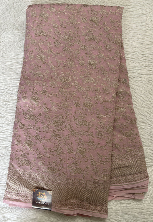 Banarasi Georgette Saree Baby Pink Colored Complemented with a Zari Border. - Sampradaya Designer Studio