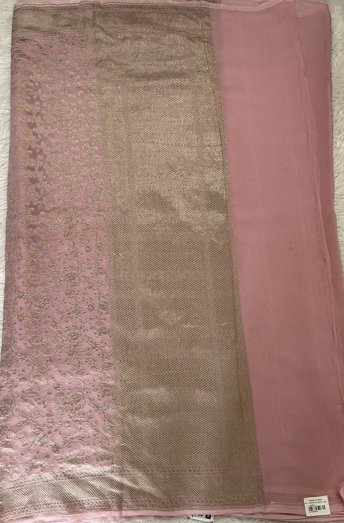 Banarasi Georgette Saree Baby Pink Colored Complemented with a Zari Border. - Sampradaya Designer Studio